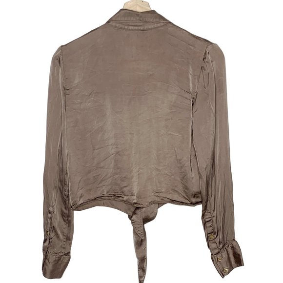 Wilfred Aritzia Gold Shimmer Tan Button Up Top Blouse Tie Cognac 2XS Cupro - Picture 8 of 16